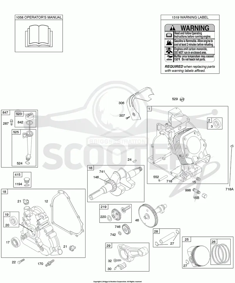 Camshaft, Crankcase Cover, Crankshaft, Cylinder, Lubrication, Operators Manual, Piston/Rings/Connecting Rod, Warning Label