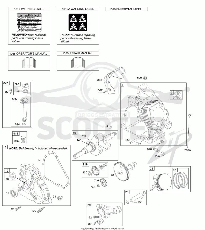 Camshaft, Crankcase Cover, Crankshaft, Cylinder, Lubrication, Operators Manual, Piston/Rings/Connecting Rod, Warning Label