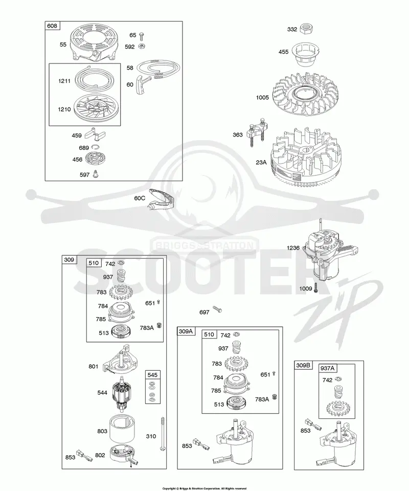 Electric Starter, Flywheel, Rewind Starter