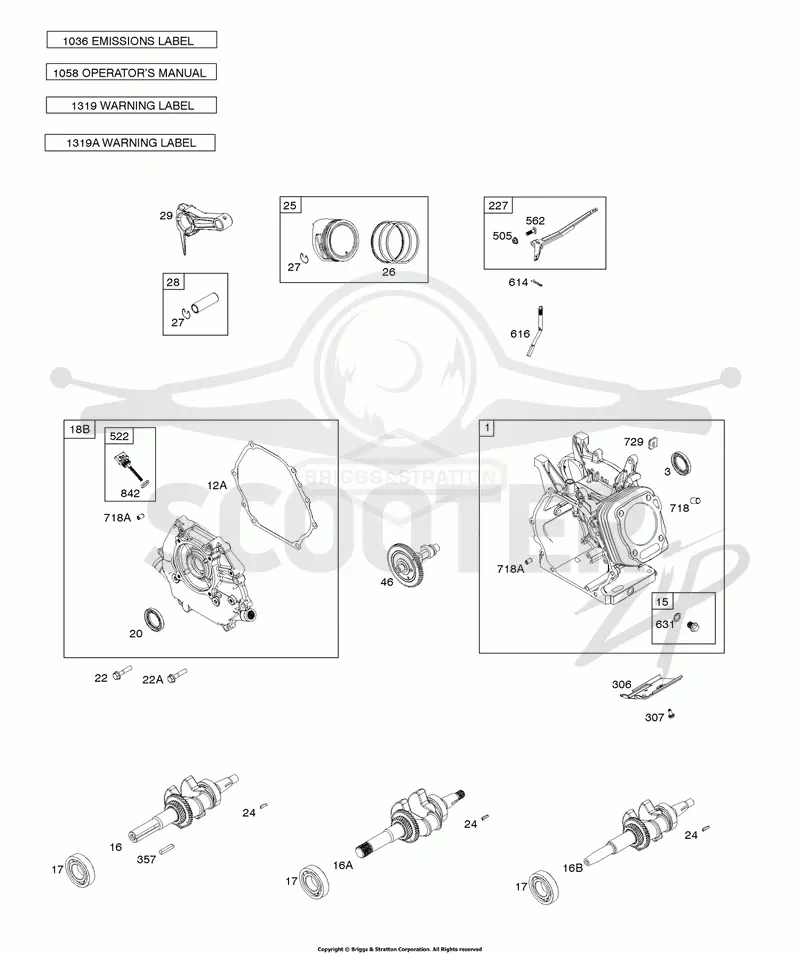 Camshaft, Crankcase Cover, Crankshaft, Cylinder, Exhaust Bracket, Operators Manual, Piston/Rings/Connecting Rod, Warning Label
