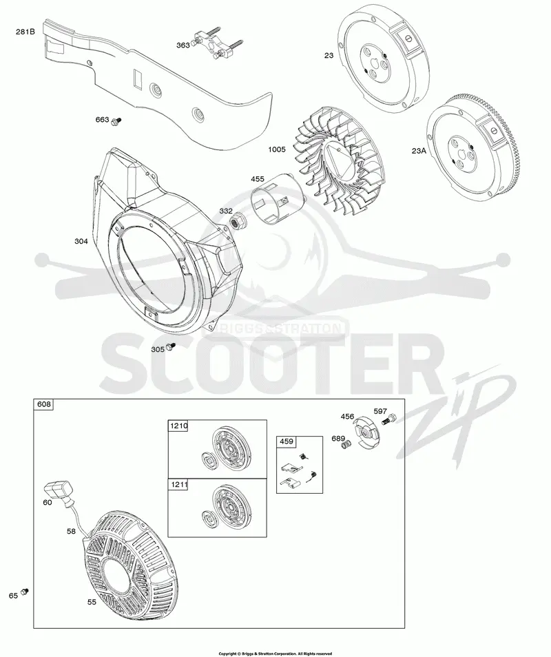 Blower Housing, Flywheel, Rewind Starter