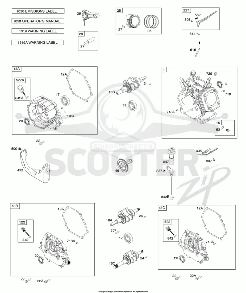 Camshaft, Crankcase Cover, Crankshaft, Cylinder, Exhaust Bracket, Operators Manual, Piston/Rings/Connecting Rod, Warning Label