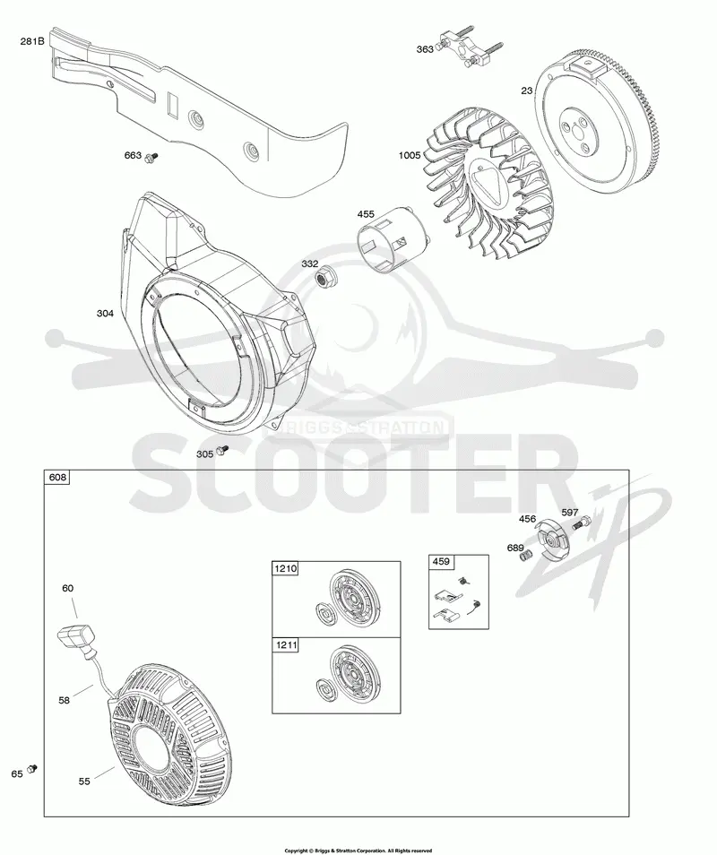 Blower Housing, Flywheel, Rewind Starter