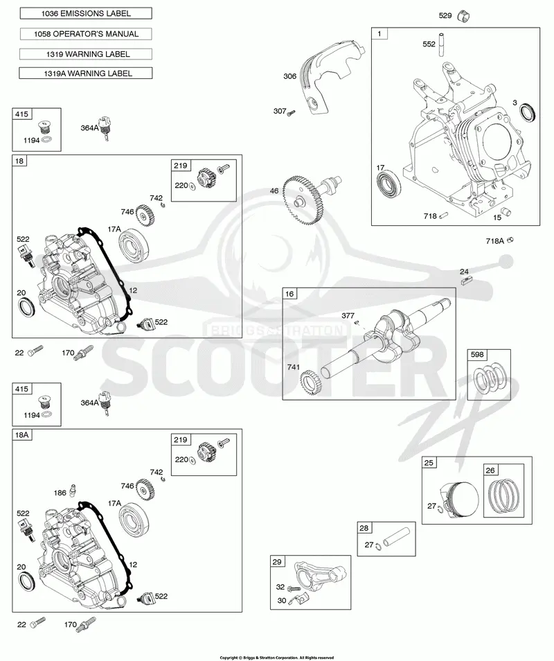 Camshaft, Crankcase Cover, Crankshaft, Cylinder, Lubrication, Operators Manual, Piston/Rings/Connecting Rod, Warning Label