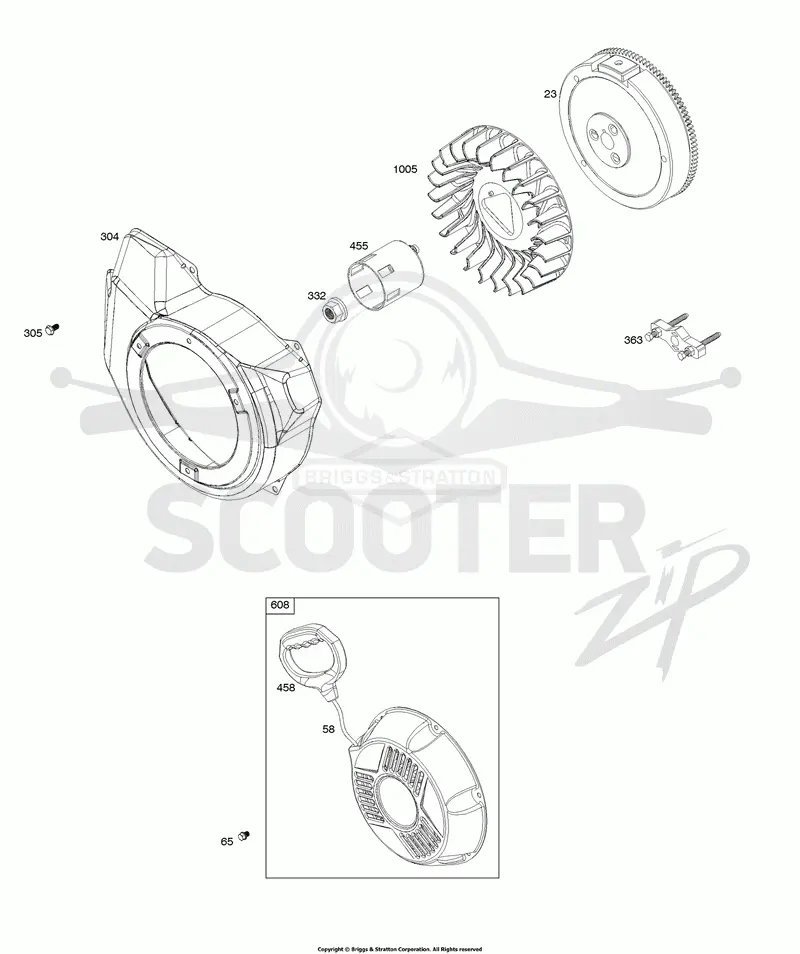 Blower Housing, Flywheel, Rewind Starter