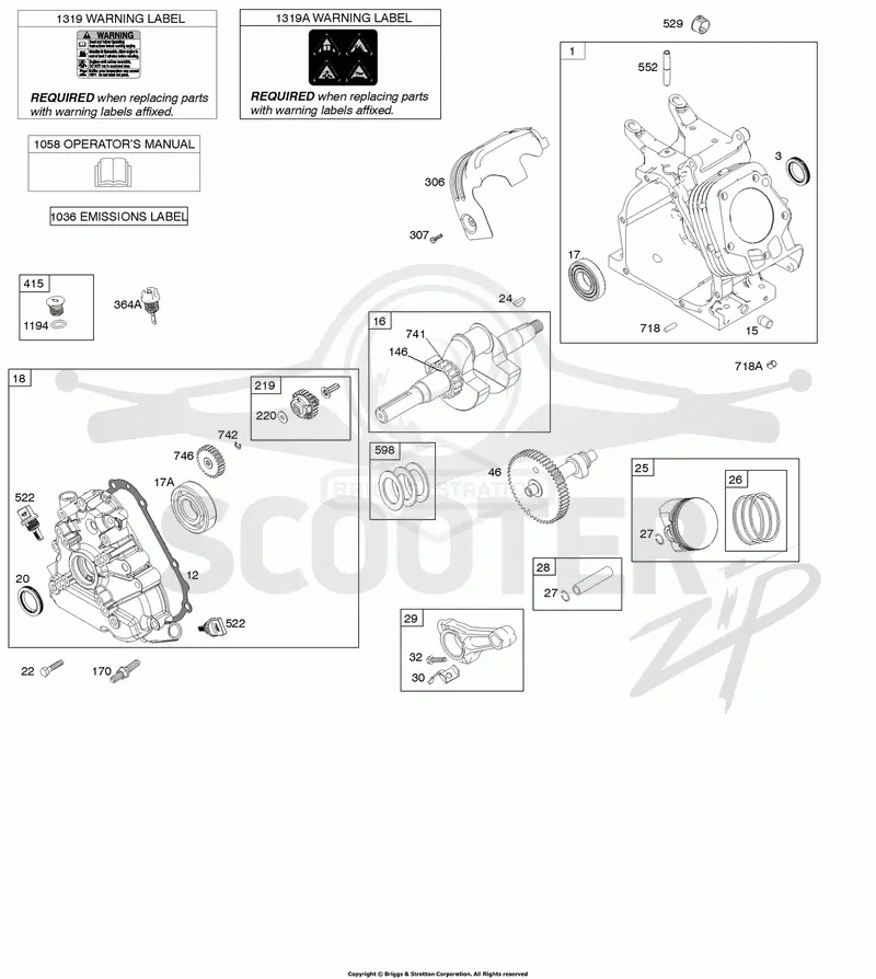 Camshaft, Crankcase Cover, Crankshaft, Cylinder, Lubrication, Operators Manual, Piston/Rings/Connecting Rod, Warning Label