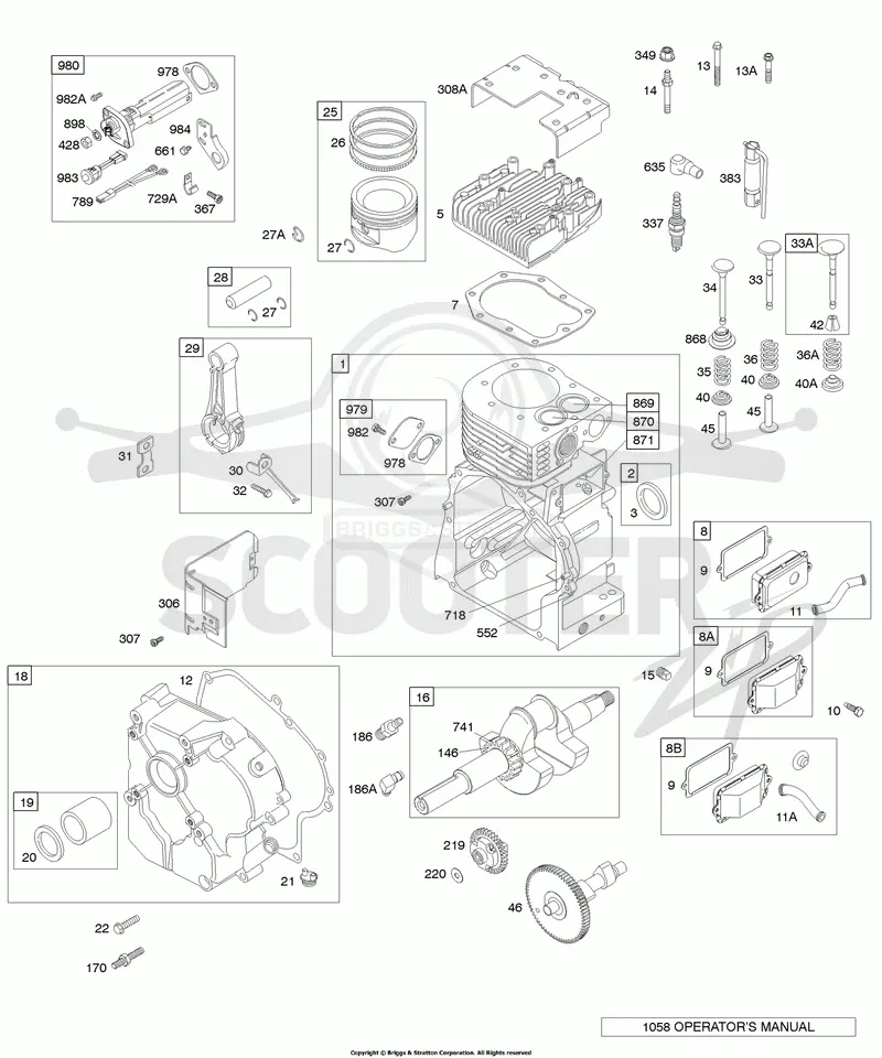 Cam, Crankshaft, Cylinder, Valves, Piston/Rings, Crankcase Cover/Sump, Head, Breather