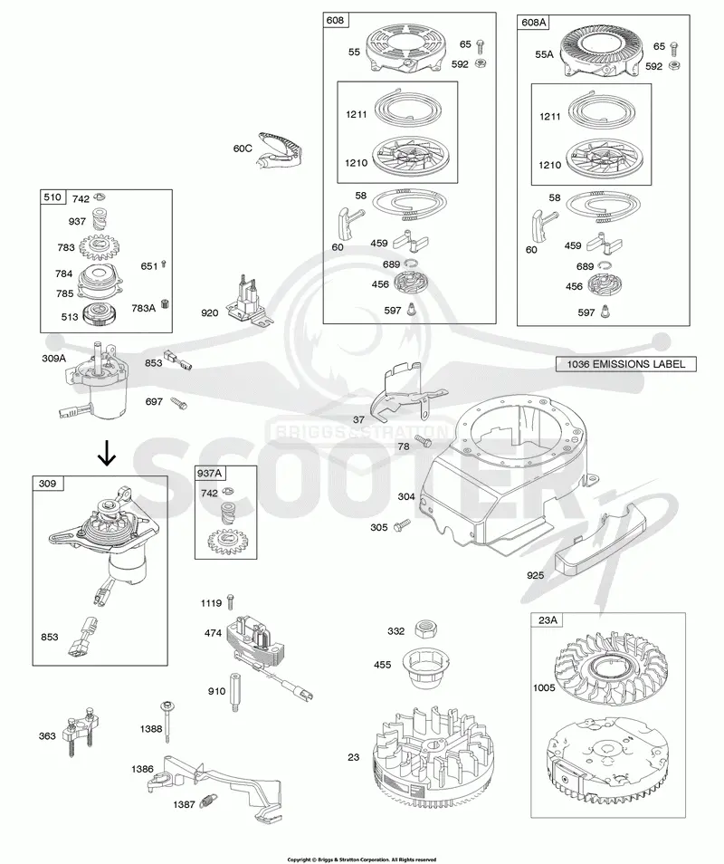 Blower Housing, Electric Starter, Flywheel, Rewind Starter