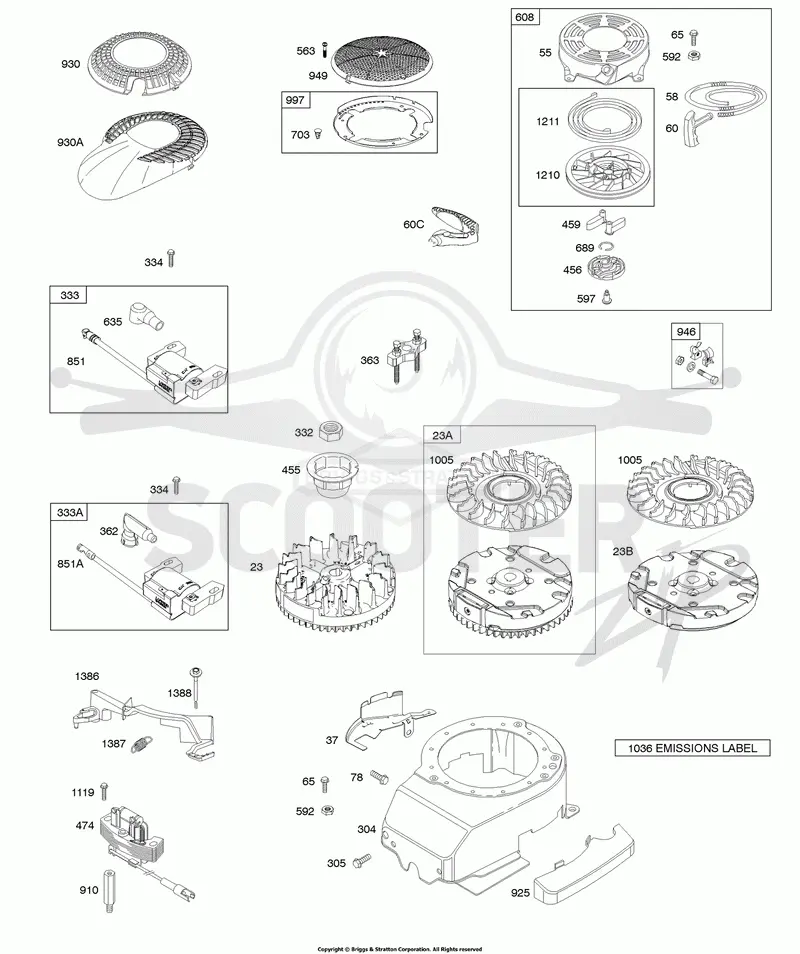 Blower Housing, Flywheel, Rewind Starter