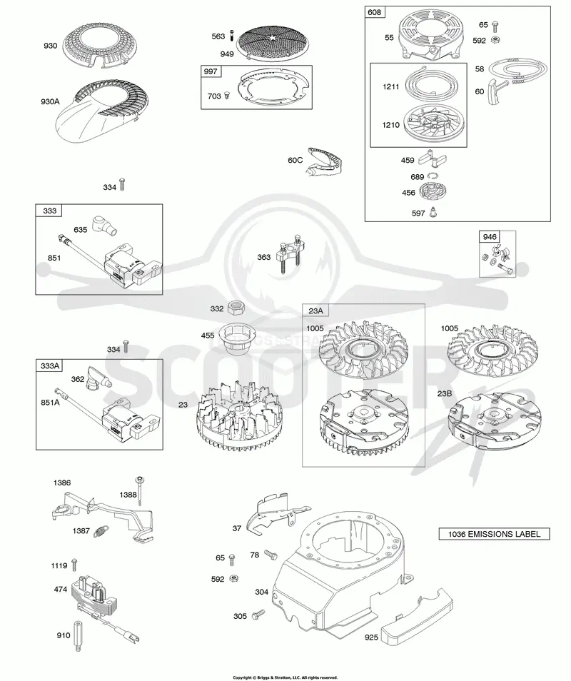 Blower Housing, Flywheel, Rewind Starter
