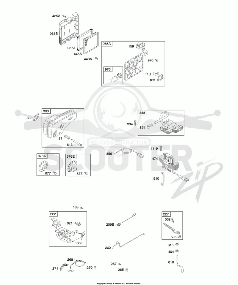 Air Cleaner, Alternator, Controls, Electrical, Exhaust System, Governor Spring, Ignition
