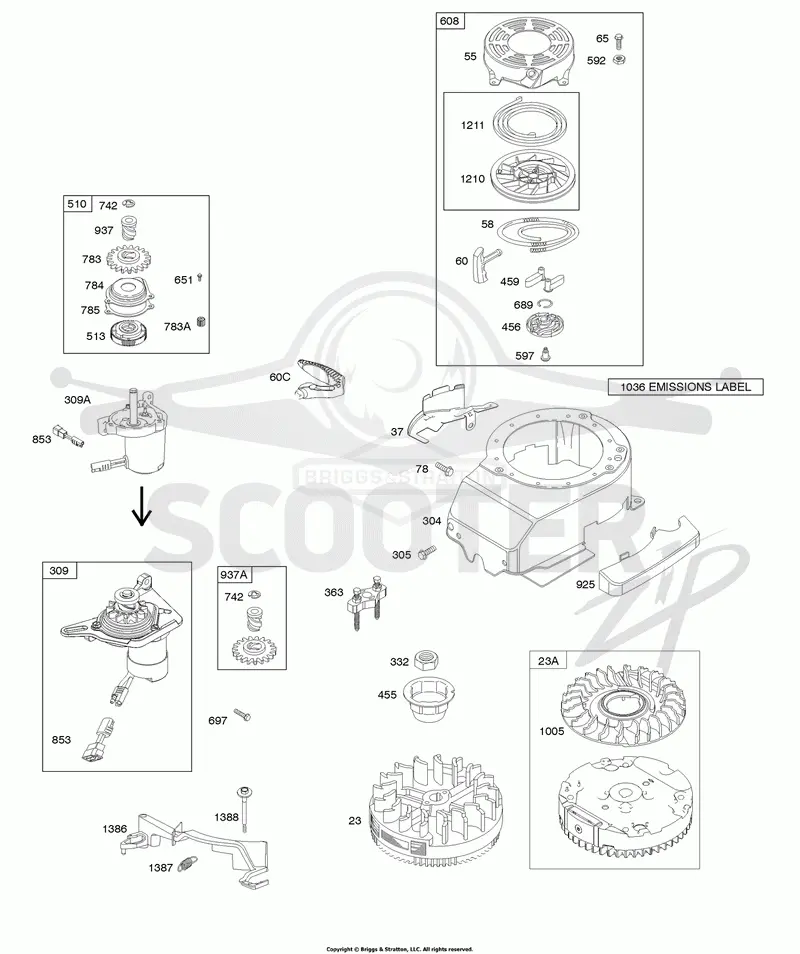 Blower Housing, Electric Starter, Flywheel, Rewind Starter