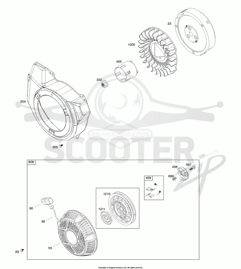 Blower Housing, Flywheel, Rewind Starter