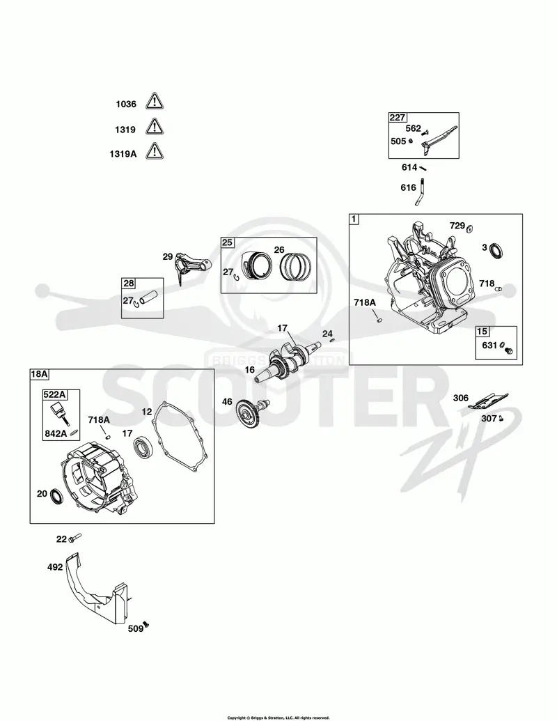 Camshaft, Crankcase Cover, Crankshaft, Cylinder, Operators Manual, Piston/Rings/Connecting Rod, Warning Label