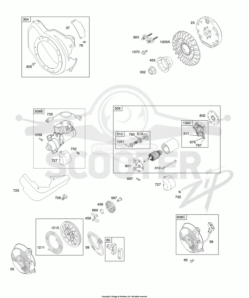 Blower Housing, Electric Starter, Flywheel, Rewind Starter