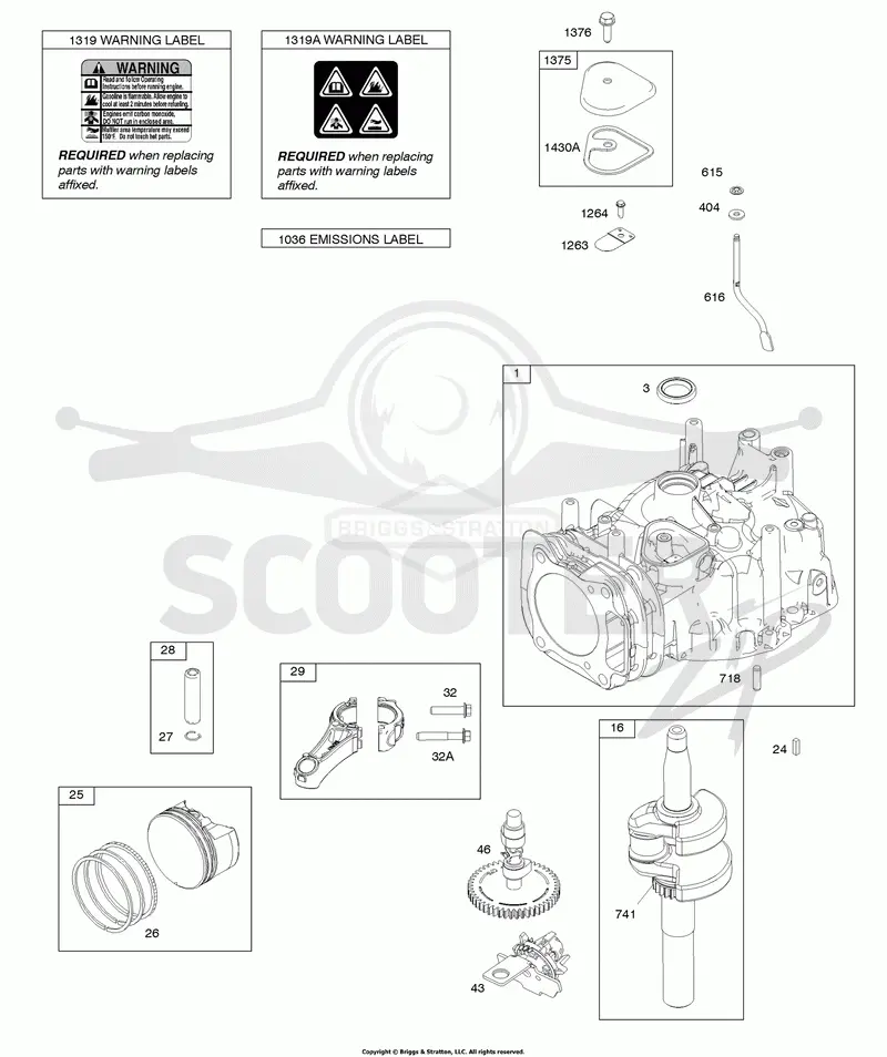 Camshaft, Crankshaft, Cylinder, Piston/Rings/Connecting Rod, Warning Label