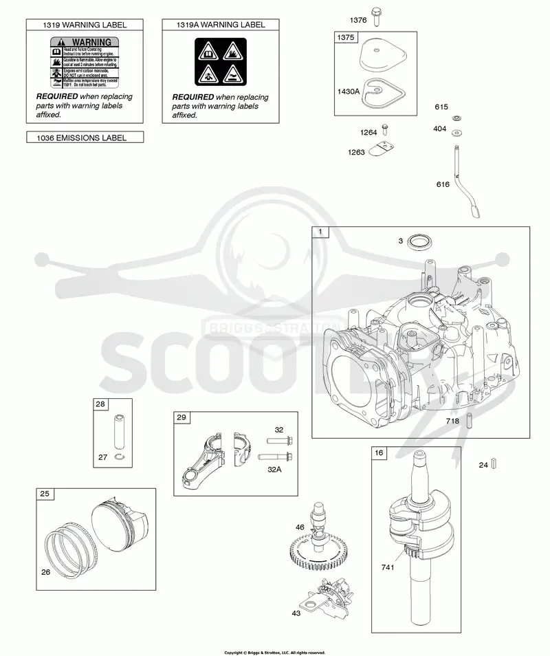 Camshaft, Crankshaft, Cylinder, Piston/Rings/Connecting Rod, Warning Label