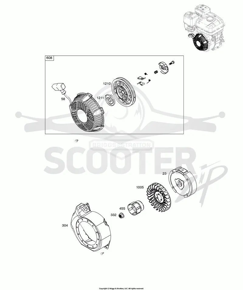 Blower Housing, Flywheel, Rewind Starter