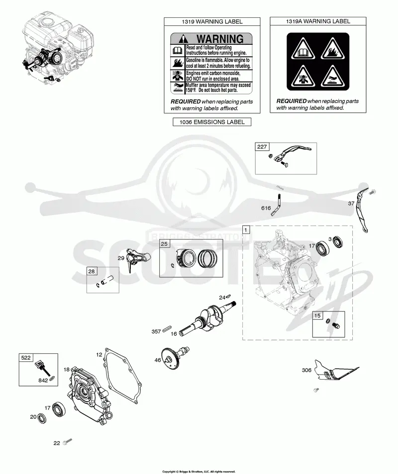 Camshaft, Crankcase Cover, Crankshaft, Cylinder, Piston/Rings/Connecting Rod, Warning Label