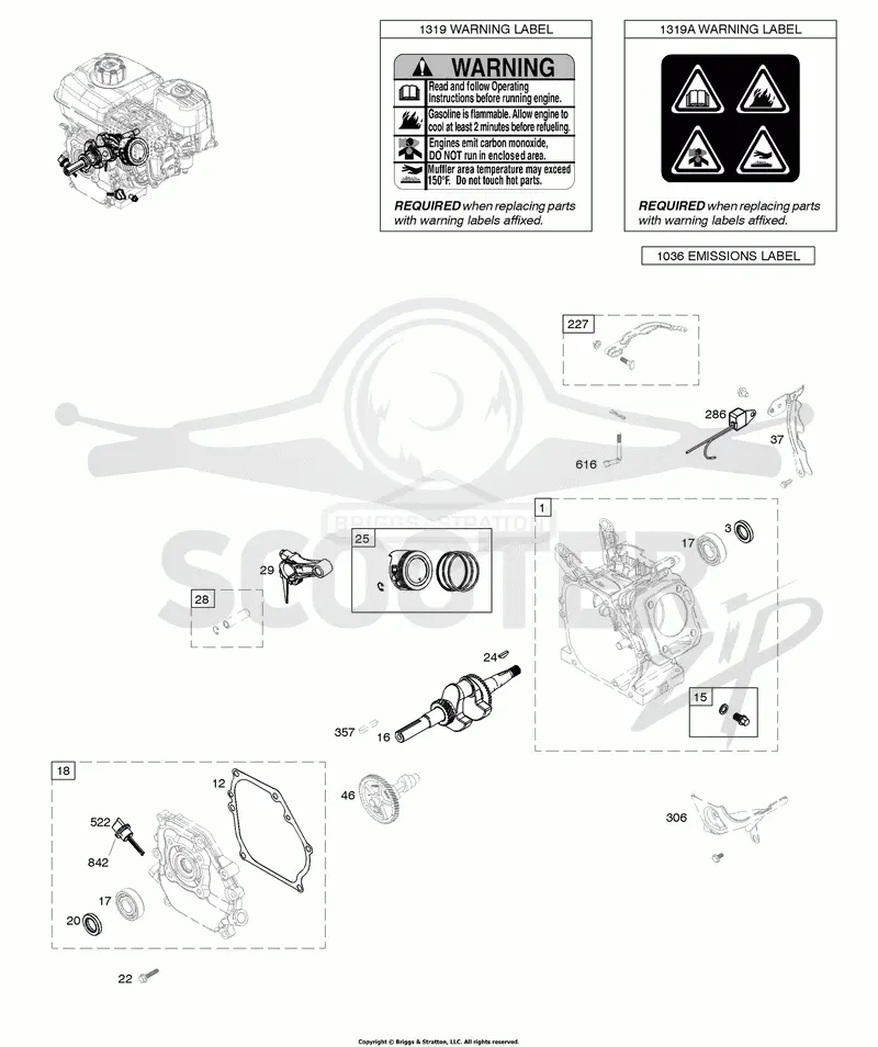 Camshaft, Crankcase Cover, Crankshaft, Cylinder, Piston/Rings/Connecting Rod, Warning Label