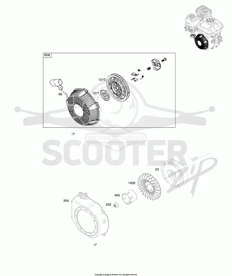 Blower Housing, Flywheel, Rewind Starter