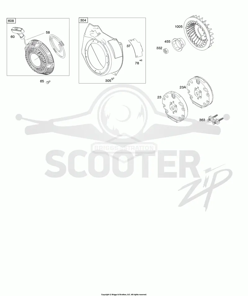 Blower Housing, Flywheel, Rewind Starter