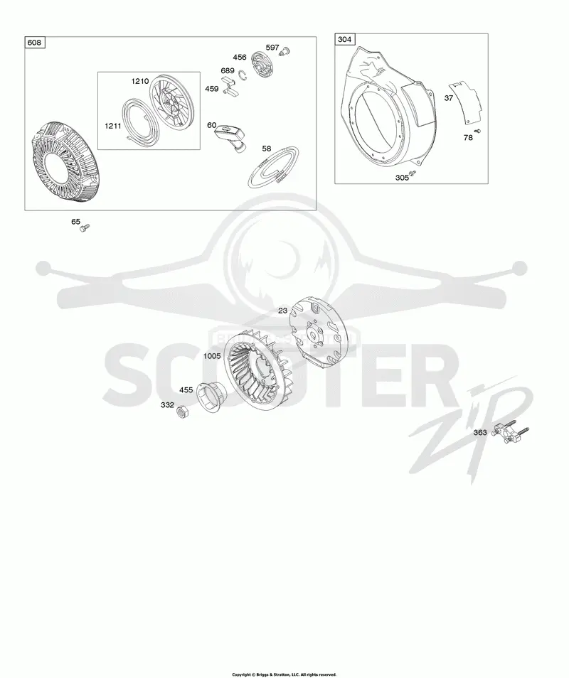 Blower Housing, Flywheel, Rewind Starter
