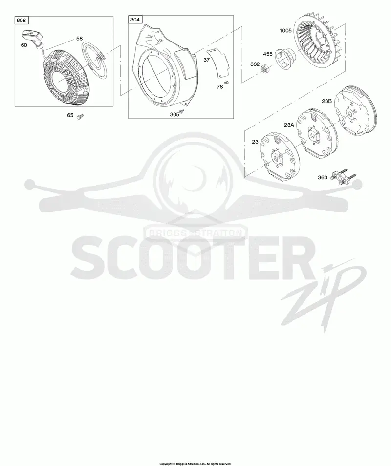 Blower Housing, Flywheel, Rewind Starter