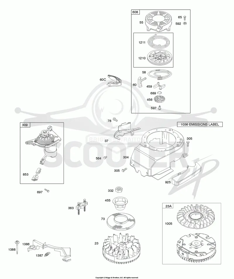 Blower Housing, Flywheel, Rewind Starter