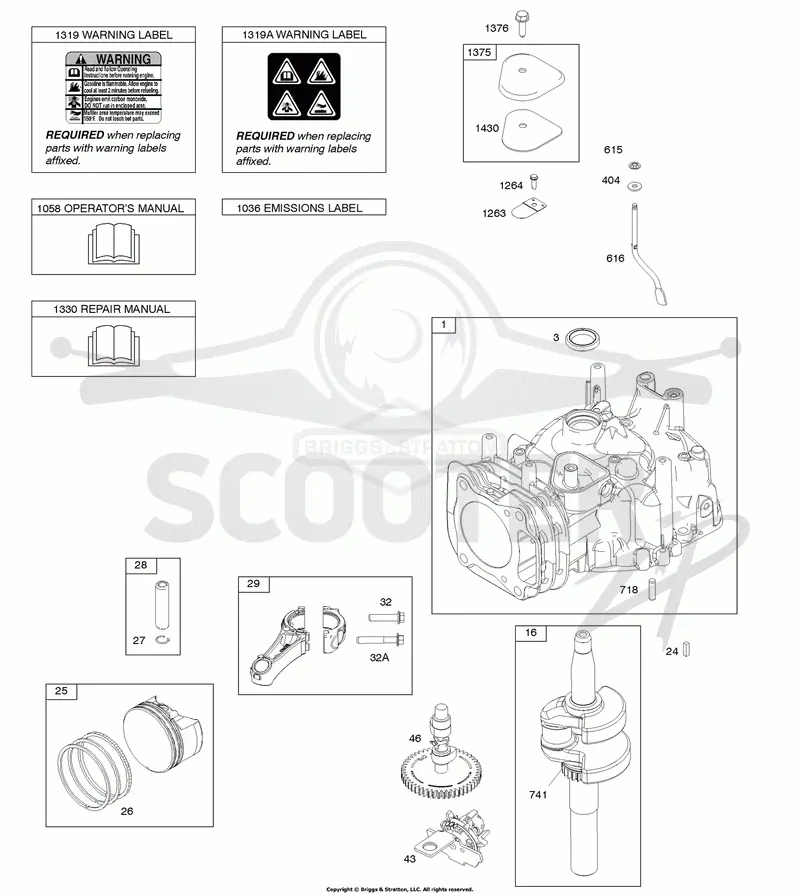 Camshaft, Crankshaft, Cylinder, Operators Manual, Piston/Rings/Connecting Rod, Warning Label