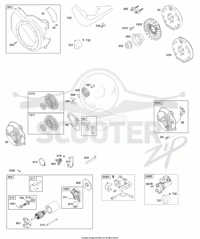 Blower Housing, Electric Starter, Flywheel, Rewind Starter