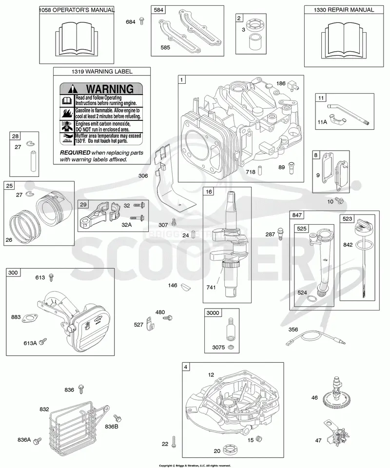 Cylinder, Piston, Crankshaft, Operators Manual, Muffler, Crankcase Cover/Sump, Lubrication