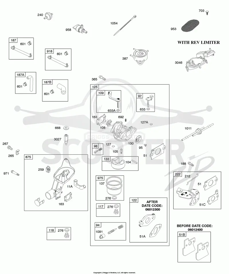 Rev Limiter, Carburetor, Air Cleaner Base, Controls