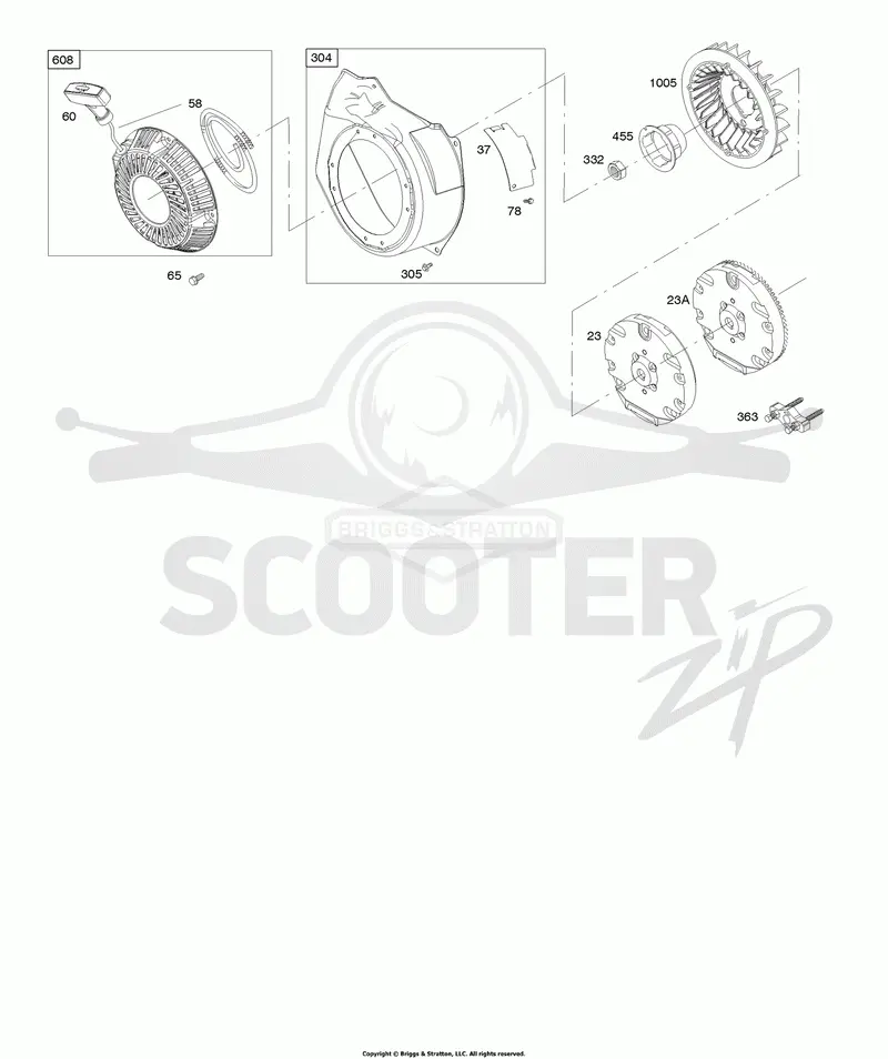 Blower Housing, Flywheel, Rewind Starter