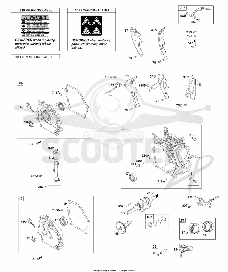 Camshaft, Crankcase Cover, Crankshaft, Cylinder, Piston/Rings/Connecting Rod, Warning Label