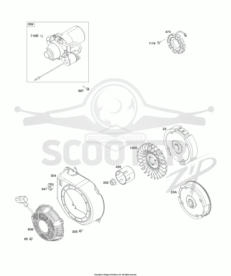 Alternator, Blower Housing, Electric Starter, Flywheel, Rewind Starter