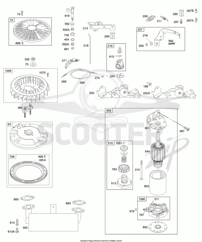 Controls, Electric Starter, Exhaust System, Flywheel, Governor Spring