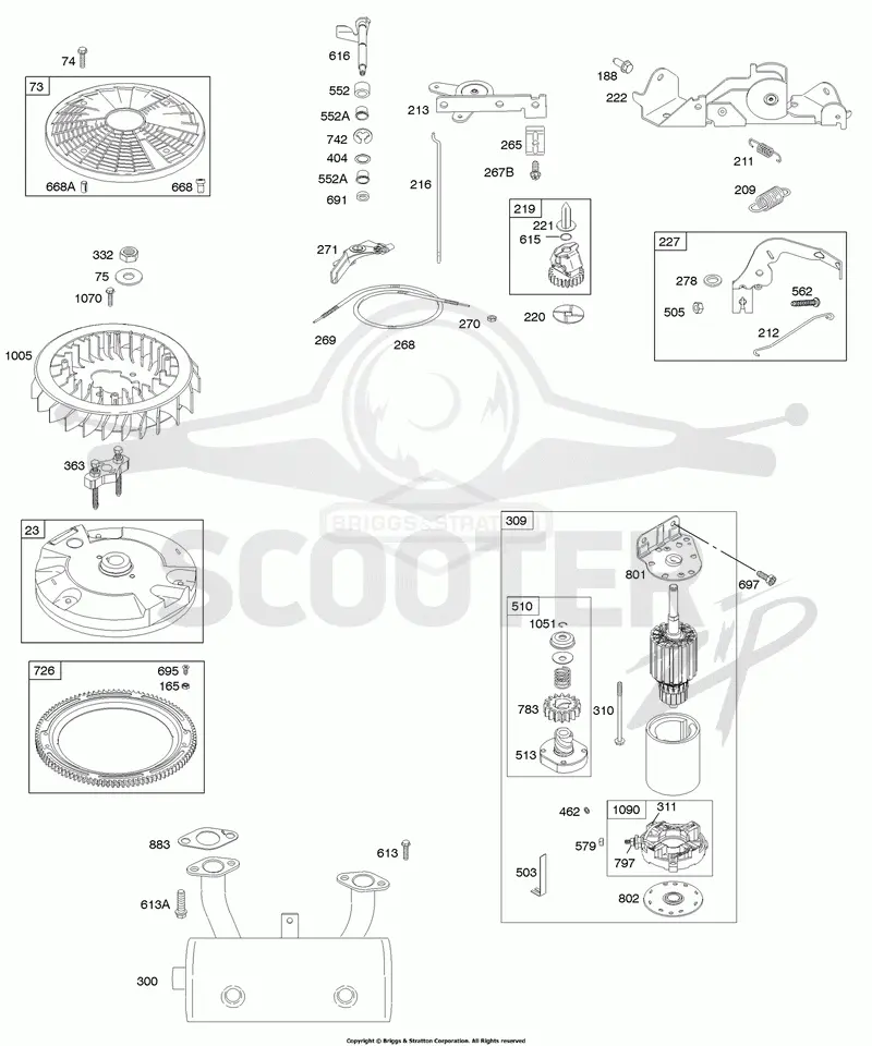 Controls, Electric Starter, Exhaust System, Flywheel, Governor Spring