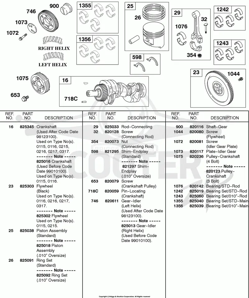 Crankshaft, Piston, Rings, Flywheel
