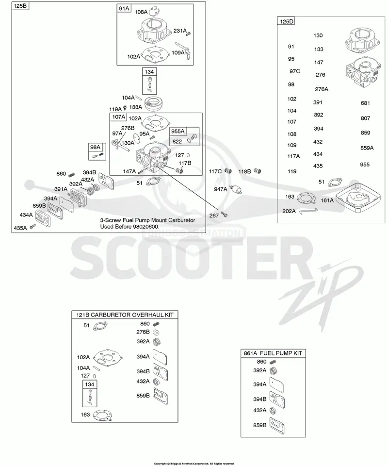 Carburetor (3-Screw Mount), Carburetor Overhaul Kit, Fuel Pump Kit