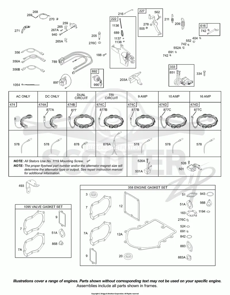 Alternator, Controls, Electrical, Governor Spring, Ignition, Kits/Gaskets-Engine