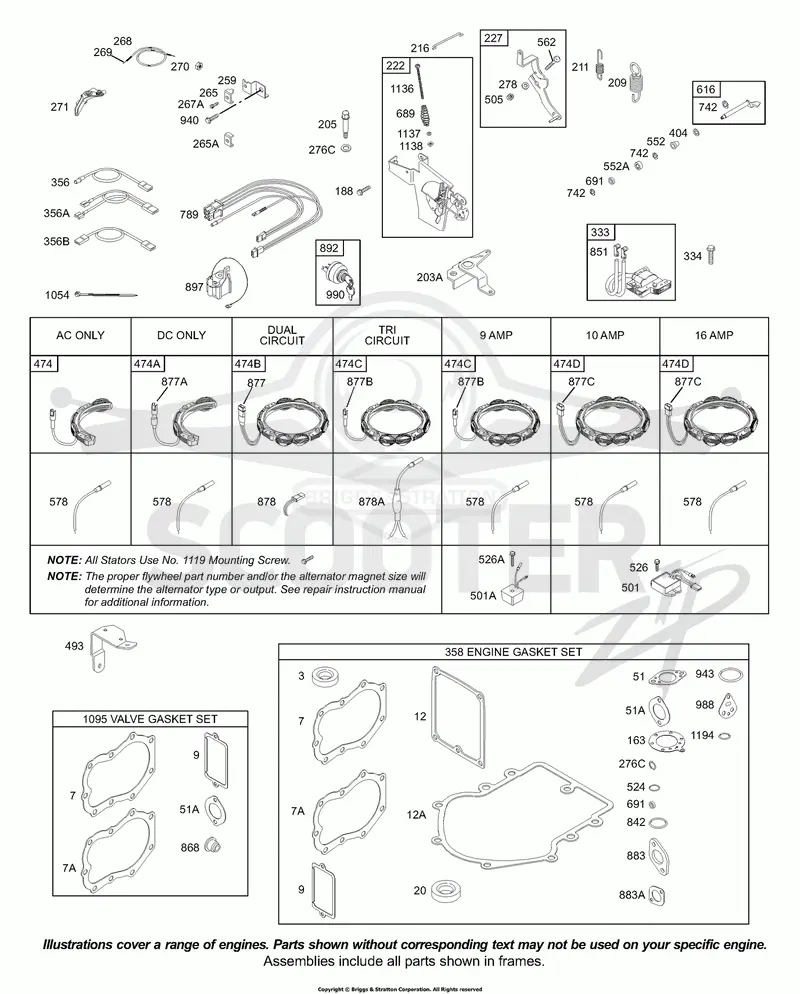 Alternator, Controls, Electrical, Governor Spring, Ignition, Kits/Gaskets-Engine