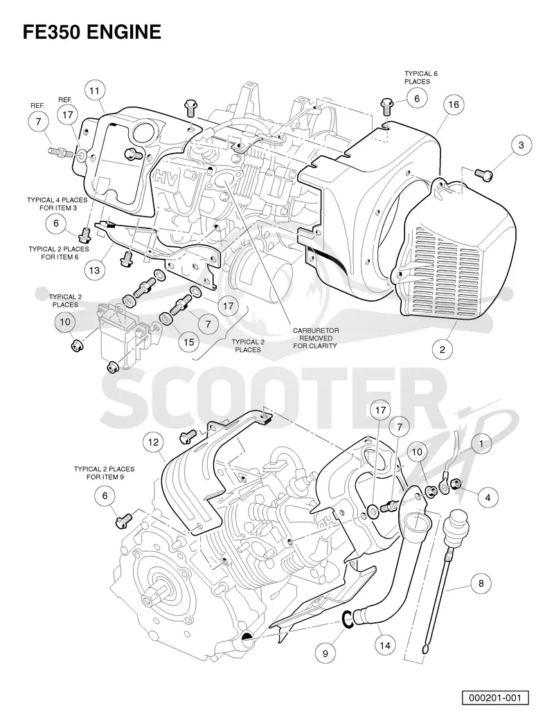 FE350 ENGINE WITHOUT ACR (AUTOMATIC COMPRESSION RELEASE) - SHROUDS AND BRACKETS