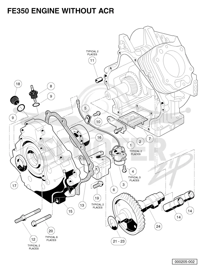 FE350 ENGINE WITHOUT ACR - CRANKCASE, CAMSHAFT, AND OIL SENSOR