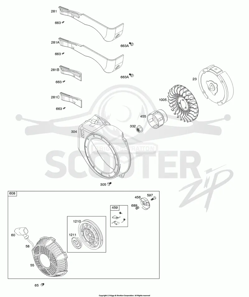 Blower Housing, Flywheel, Rewind Starter