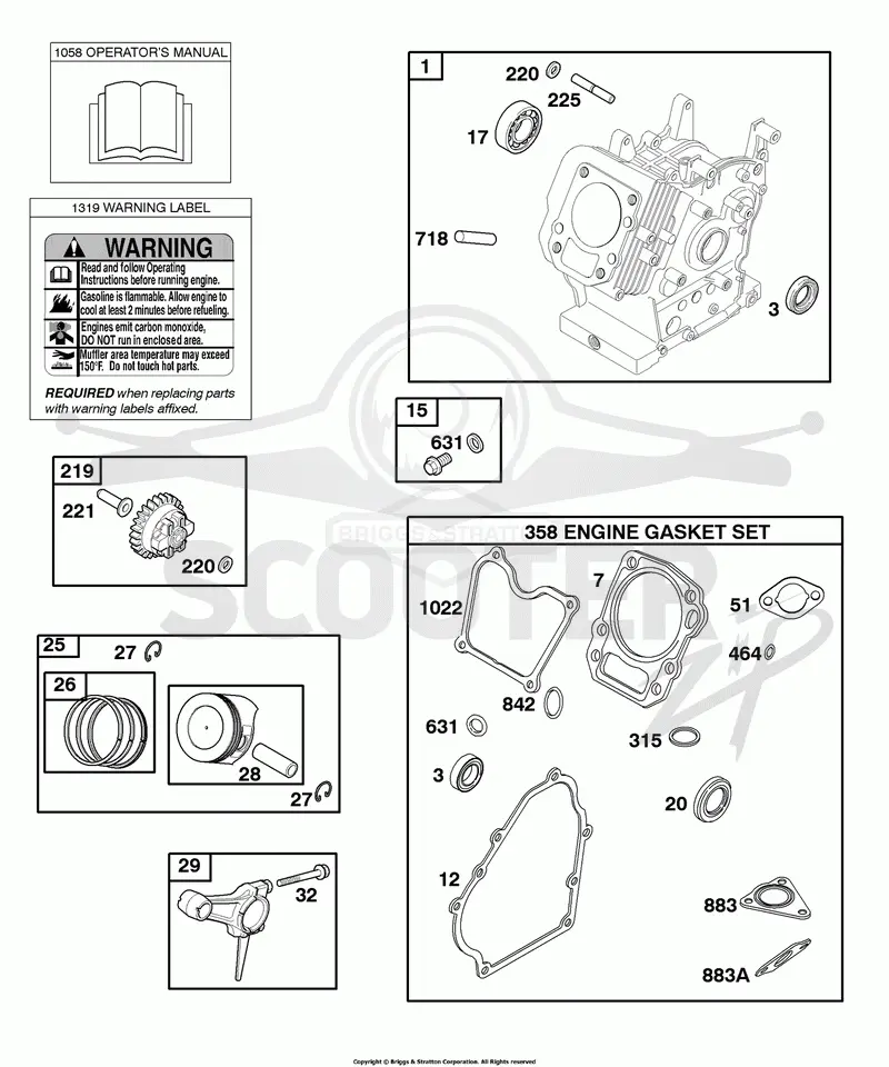 Cylinder, Gasket Set-Engine, Operators Manual, Piston, Rings, Connecting Rod, Warning Label
