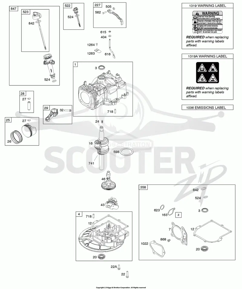 Camshaft, Crankshaft, Cylinder, Piston/Rings/Connecting Rod, Sump, Warning Label
