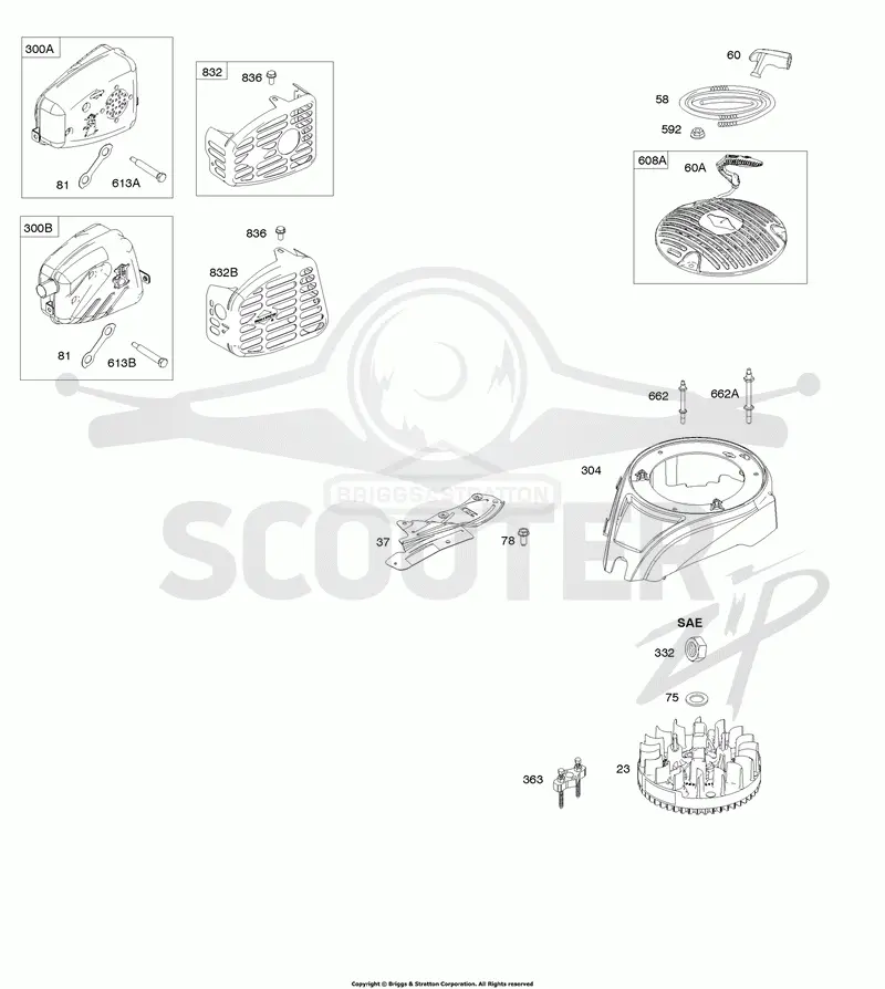 Blower Housing, Exhaust System, Flywheel, Rewind Starter