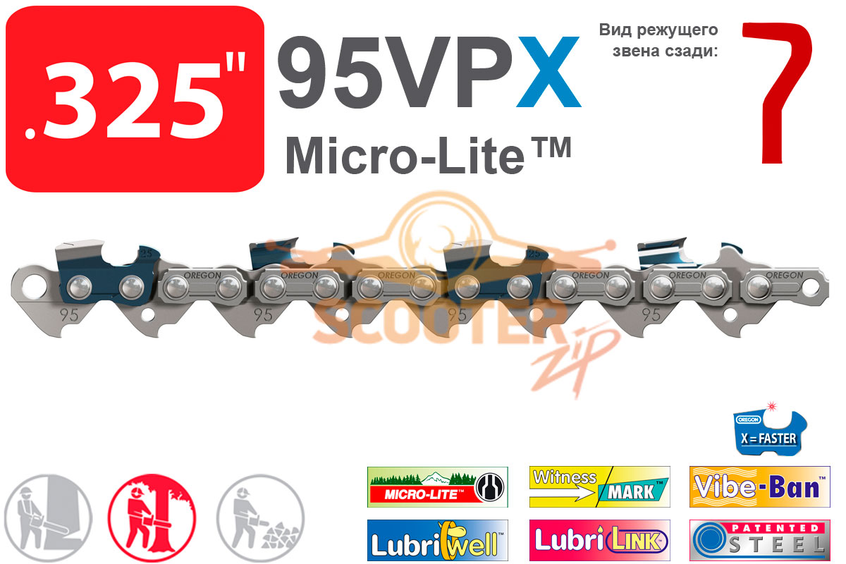 Цепь шаг 0,325'', посадка 1.3mm 64 звена 95VPX узкий пропил (для шин серии MICRO-LITE) OREGON, 95VPX064E