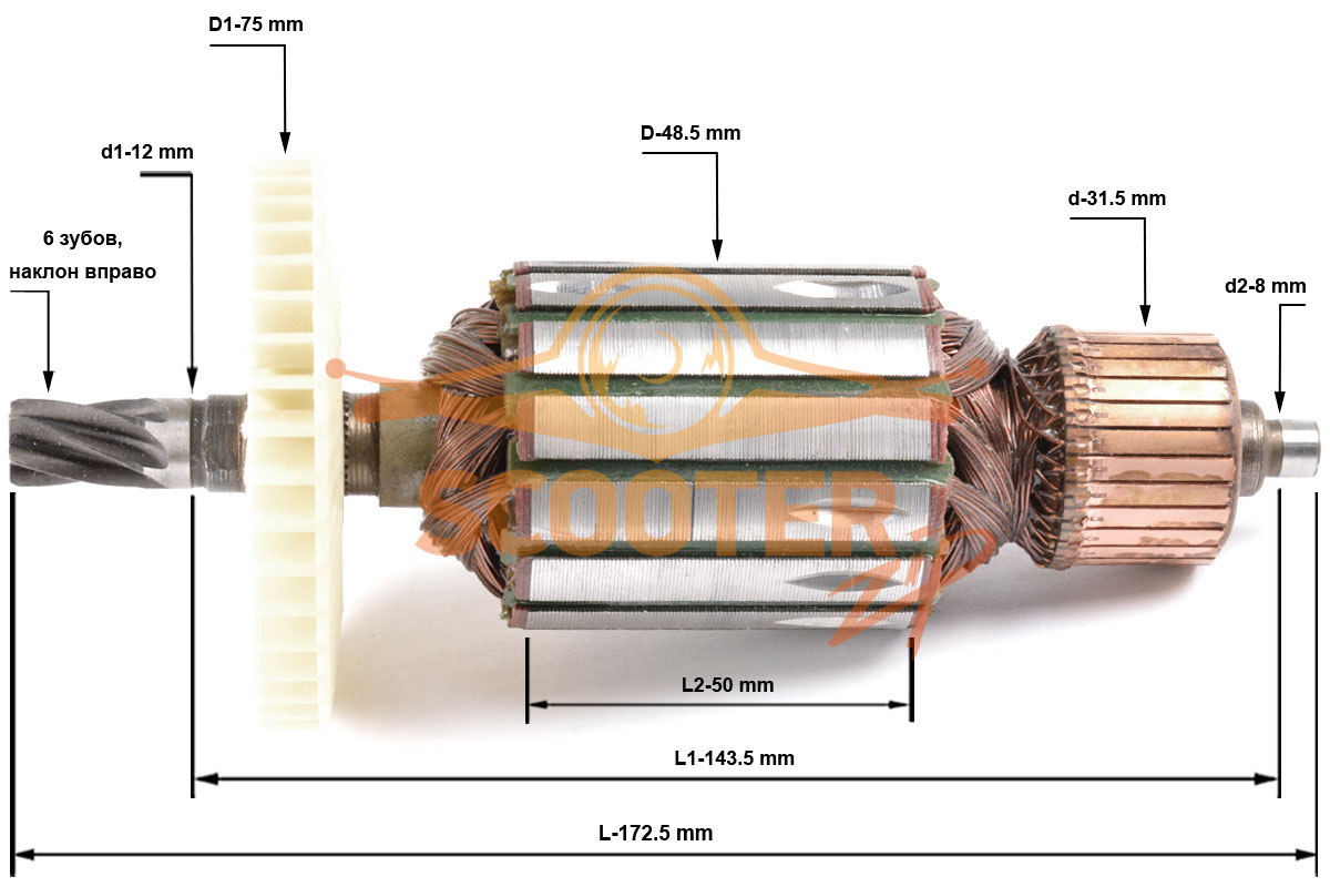 Ротор (Якорь) ДИОЛД ДП-1.6-190 Пила дисковая (L-172.5 мм, D-48.5 мм, 6 зубов, наклон вправо), 889-0650